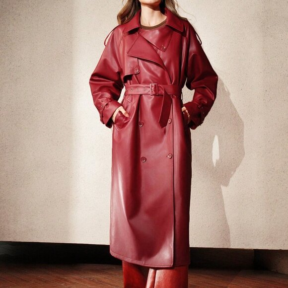 Red Elegant Women's faux leather Double Breasted belted Long Trench Coat - Picture 3 of 7
